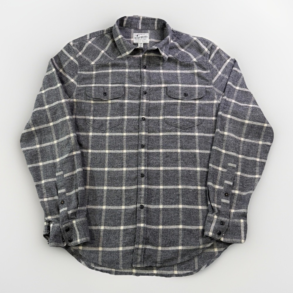 Lucky Brand Button Down‎ Men's Shirt Medium Gray Cream Plaid Flannel Snaps